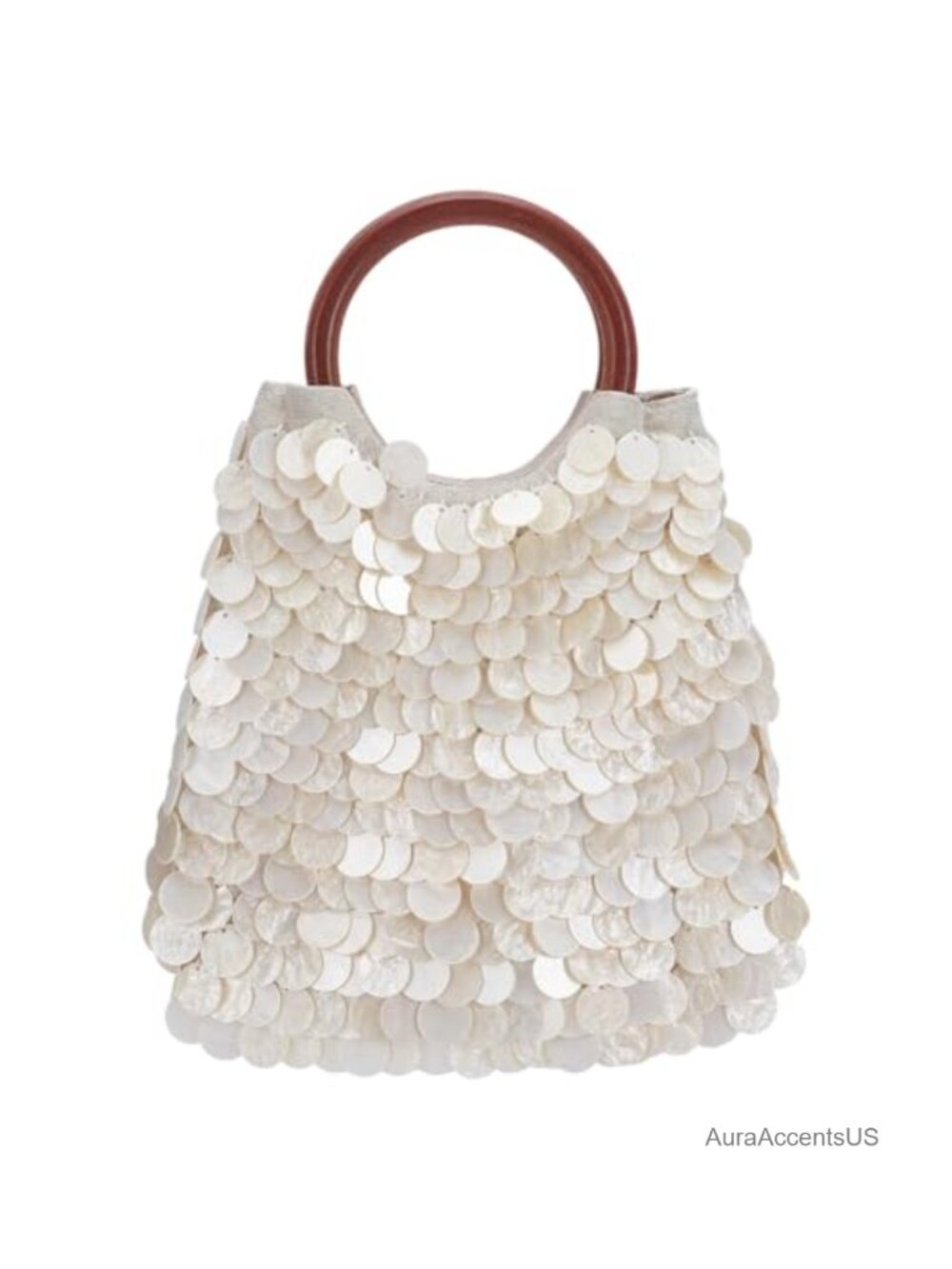 Handmade Seashell Beaded Clutch Wooden Top Handle Boho Evening Bag